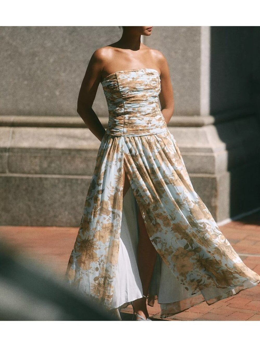 Anthropologie BHLDN Strapless Ruched Chiffon A Line Maxi Dress Garden Womens 10